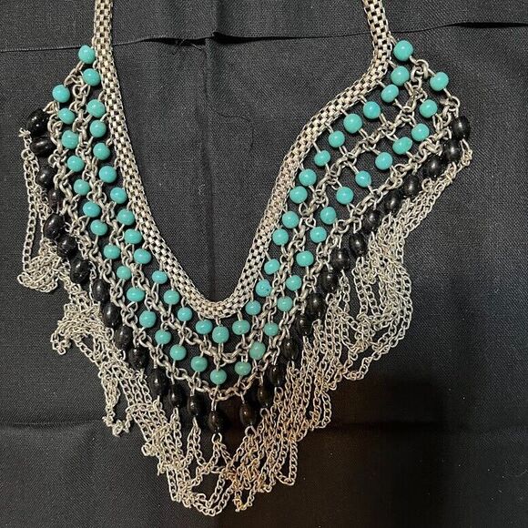 Boho Glam Chic Silver w/Turquoise & Black Beads Waterfall Necklace w/Claw Clasp - Picture 1 of 3